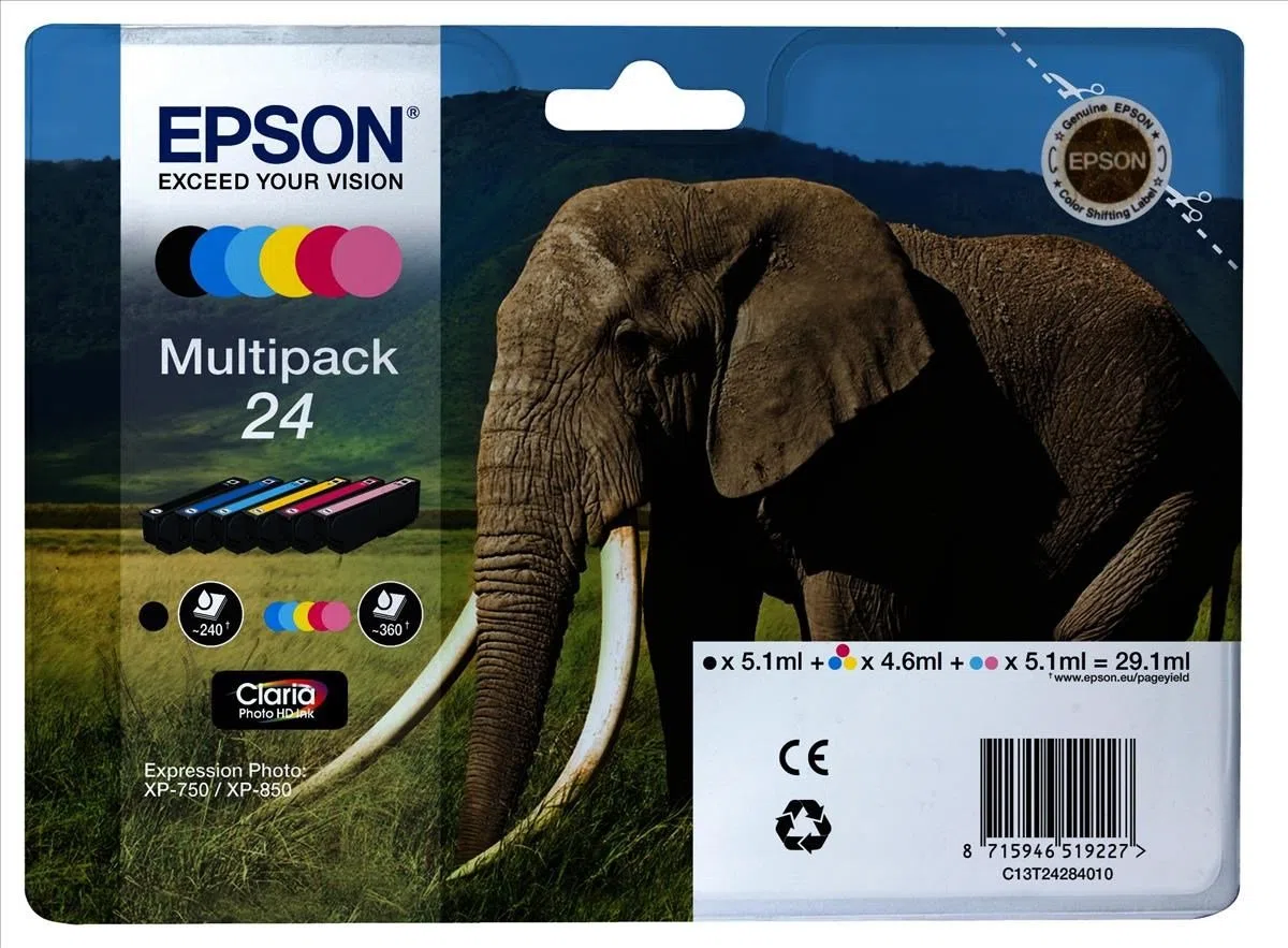 Epson Multipack Lot de 24 Cartouches d'encre 6 Couleurs pour imprimante Jet d'encre (Noir, Cyan, Magenta, Jaune, Cyan Clair, Magenta Clair, XP-750/XP-850, 141,8 mm, 45 mm, 192 mm, 165 g)