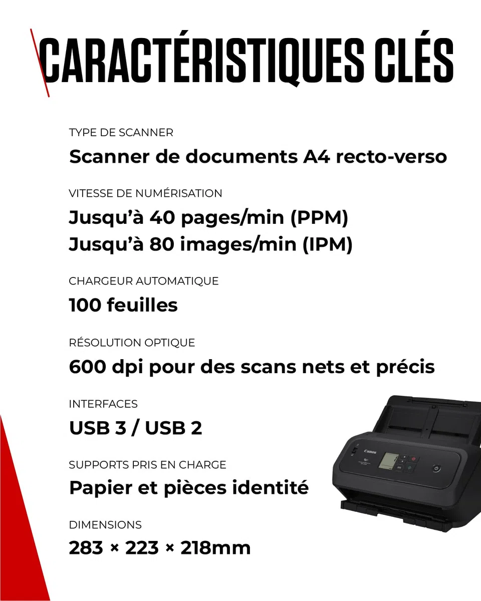 Canon imageFORMULA DR-C340 Scanner de Documents A4 | Design Ultra Compact et Traitement d’Image Avancé pour Le Bureau | Chargeur 100 Pages | Canon CaptureOnTouch Pro