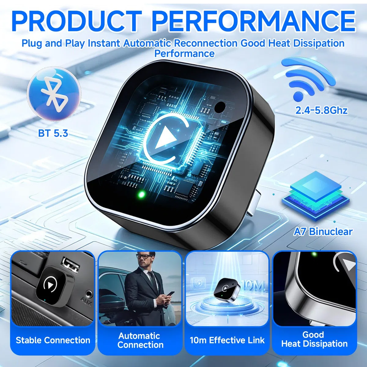 Adaptateur pour CarPlay et Android Auto sans Fil 2 en 1, Plug & Play, Reconnexion Automatique, WiFi 2,4+5,0 GHz Bluetooth 5.0, Dongle USB C/A Compatible avec Voitures (2016+) et iOS 10+/Android 11+