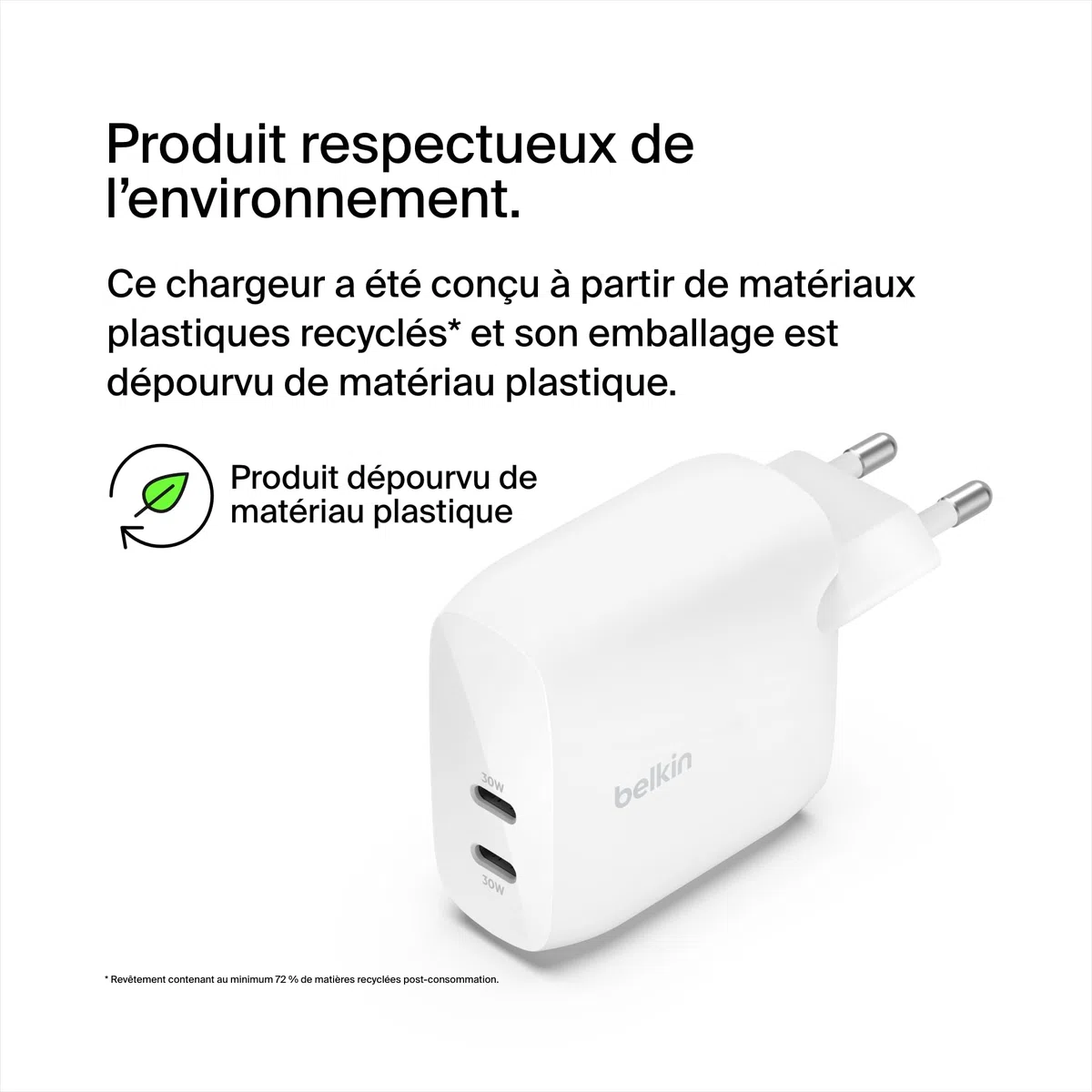 Belkin BoostCharge chargeur secteur deux ports USB-C avec PPS de 60 W, chargeur USB C pour iPhone 16, 15, iPad, Samsung Galaxy, Google Pixel, avec câble USB-C vers Lightning et USB-C vers USB-C