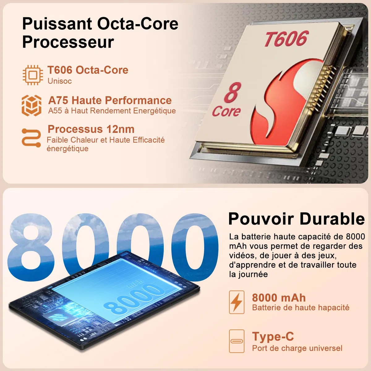 Tablette Android Tablet Tactile, 8000mAh, 128Go ROM/WiFi 5G/2.4G- Noir