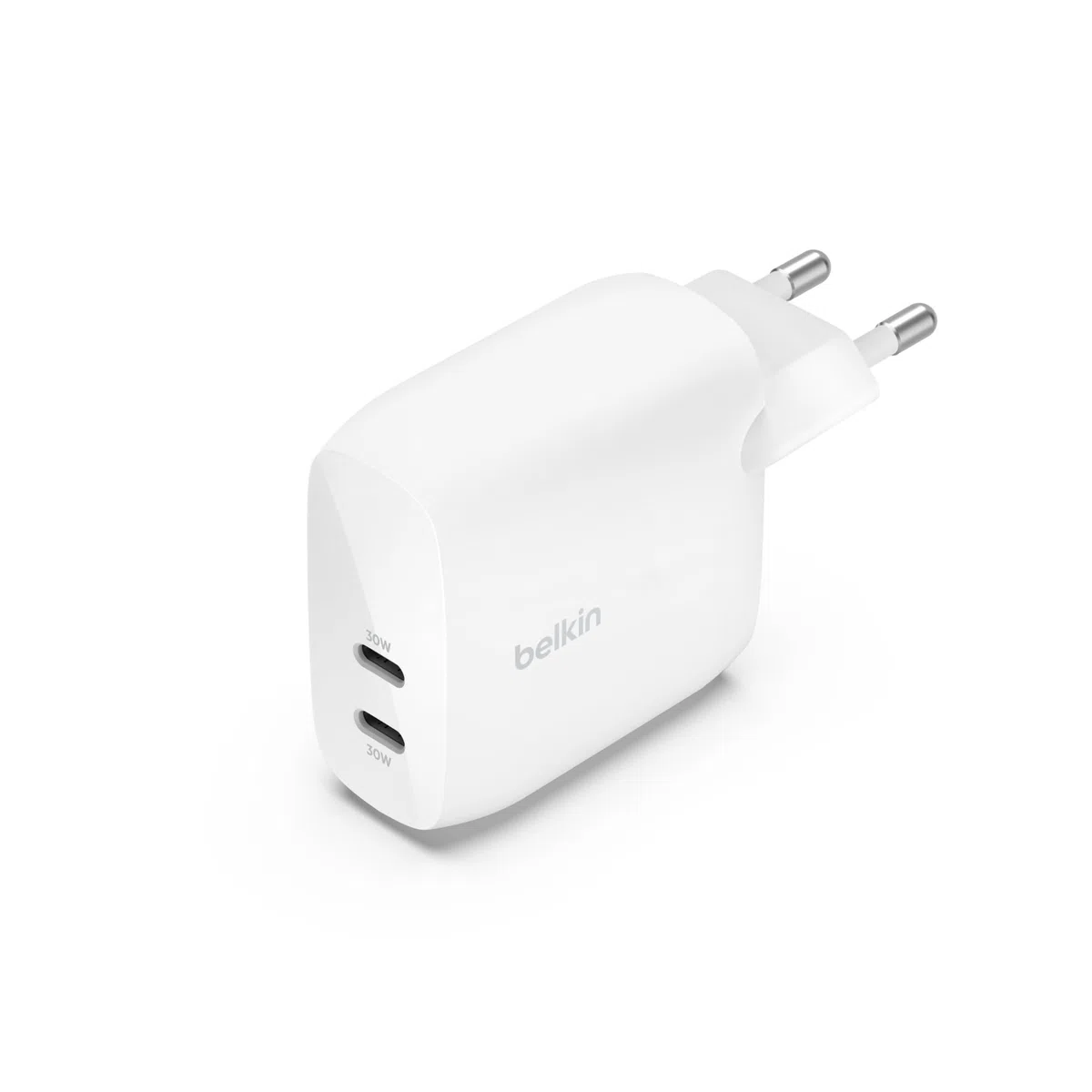 Belkin BoostCharge chargeur secteur deux ports USB-C avec PPS de 60 W, chargeur USB C pour iPhone 16, 15, iPad, Samsung Galaxy, Google Pixel, avec câble USB-C vers Lightning et USB-C vers USB-C