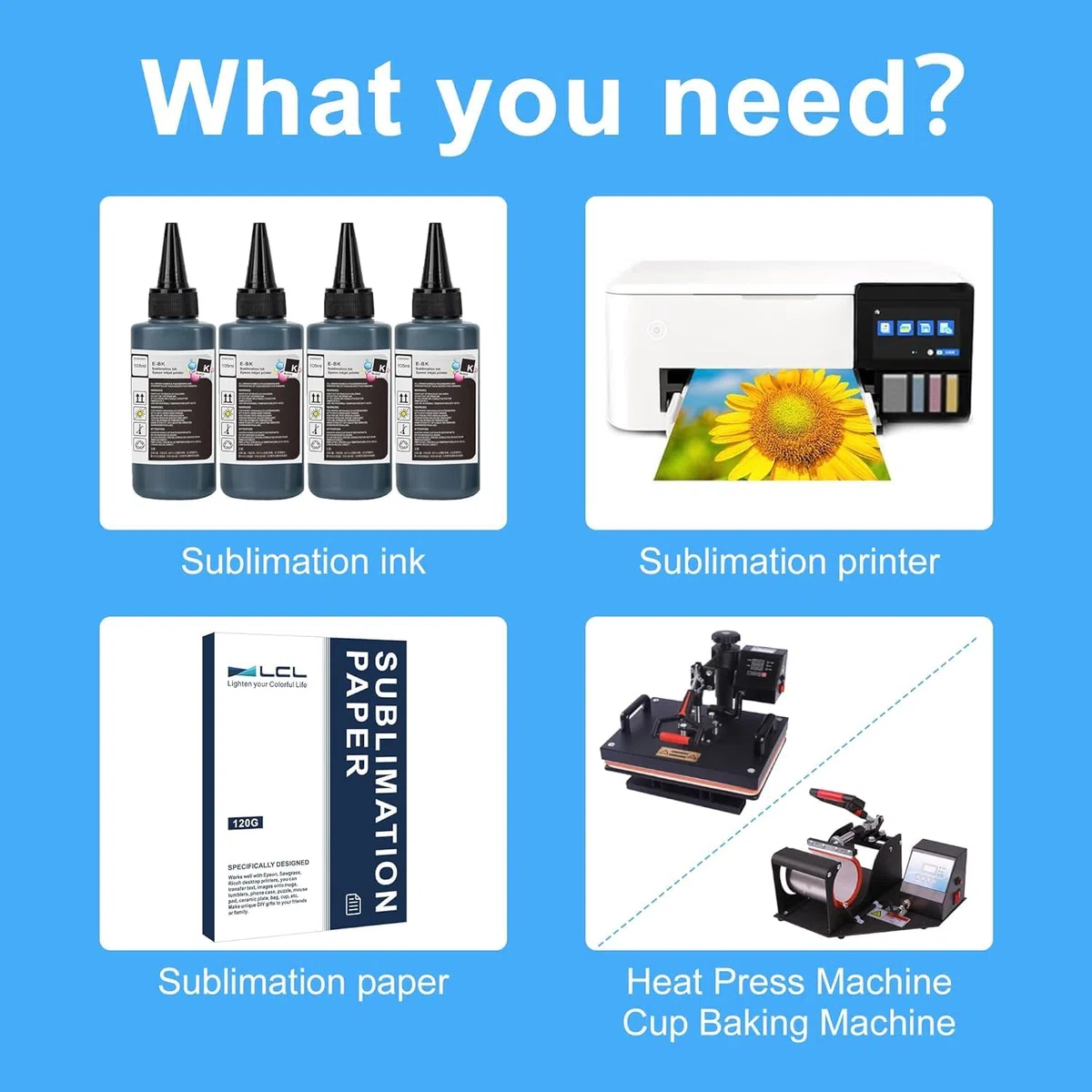 LCL 420ML Recharge d'encre à Sublimation Remplacement pour Epson EcoTank ET2720 ET2760 ET2800 ET2803 ET2850 ET4800 ET15000 ET3760 ET4700 Transfert à Chaud sur Tasses, Tshirts, oreillers（4pack Noir）