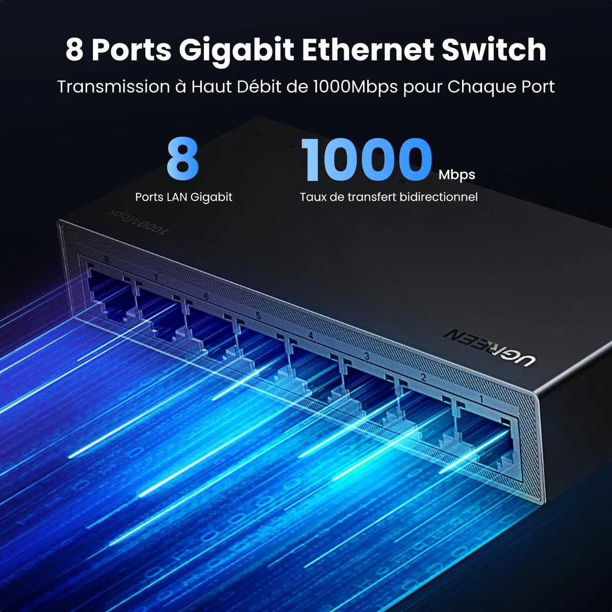 UGREEN Switch Ethernet Gigabit 8 Ports RJ45 Hub Réseau Splitter Multiprise 10 100 1000Mbps Idéal pour Bureau et Maison Plug Play Compatible avec PC Routeur TV Caméra