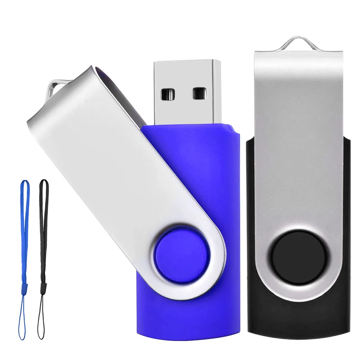 Clé USB 64Go Lot de 2 Cles USB 2.0 Mémoire Flash Drive Clef USB Pivotantes avec Cordes Bon Cadeau pour Enfant Parents et Amis (64G, Noir/Bleu)