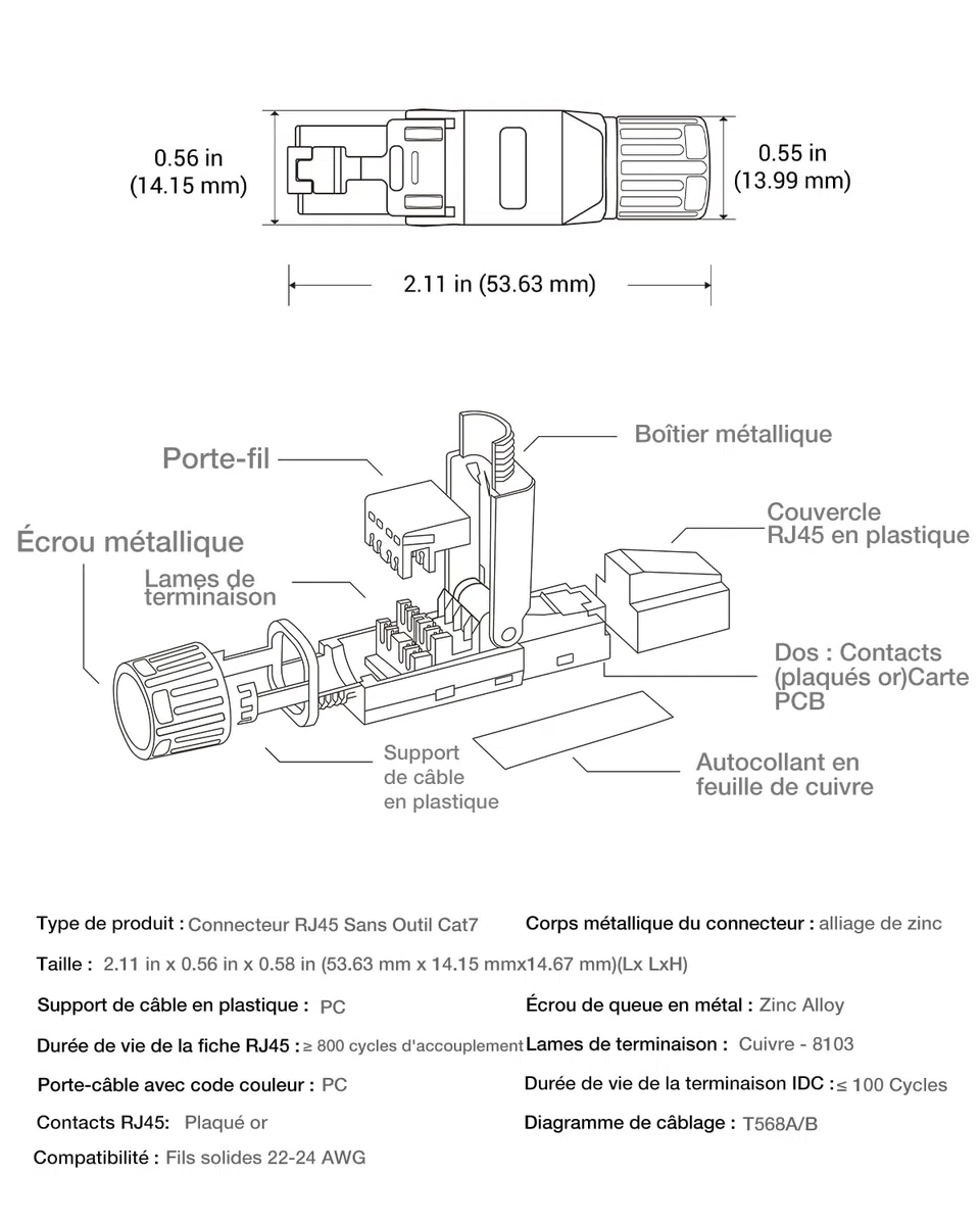Blindé Connecteur RJ45 Sans Outil Cat7, 10 Gbit/S 600 Mhz, Enrobé D'or Fiche RJ45 Sans Outils Pour Câble de Pose Cat 7 Cat6A Cat6, STP Prise Lan, prend en charge PoE, RéUtilisable, Lot de 4