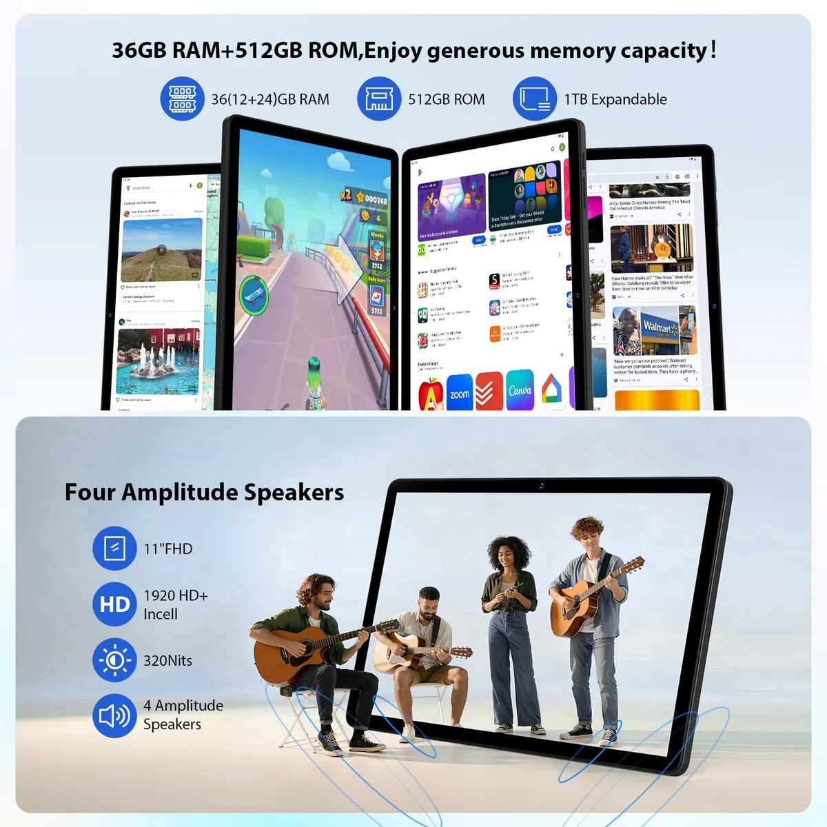 Tablette 11 Pouces Android 16 Tablet Tactile avec 5G WLAN,Octa-Core,36GB+256GB/TF 1TB/8000mAh/13MP+8MP/GPS/GMS,BT5,Tablette avec Clavier,Noir
