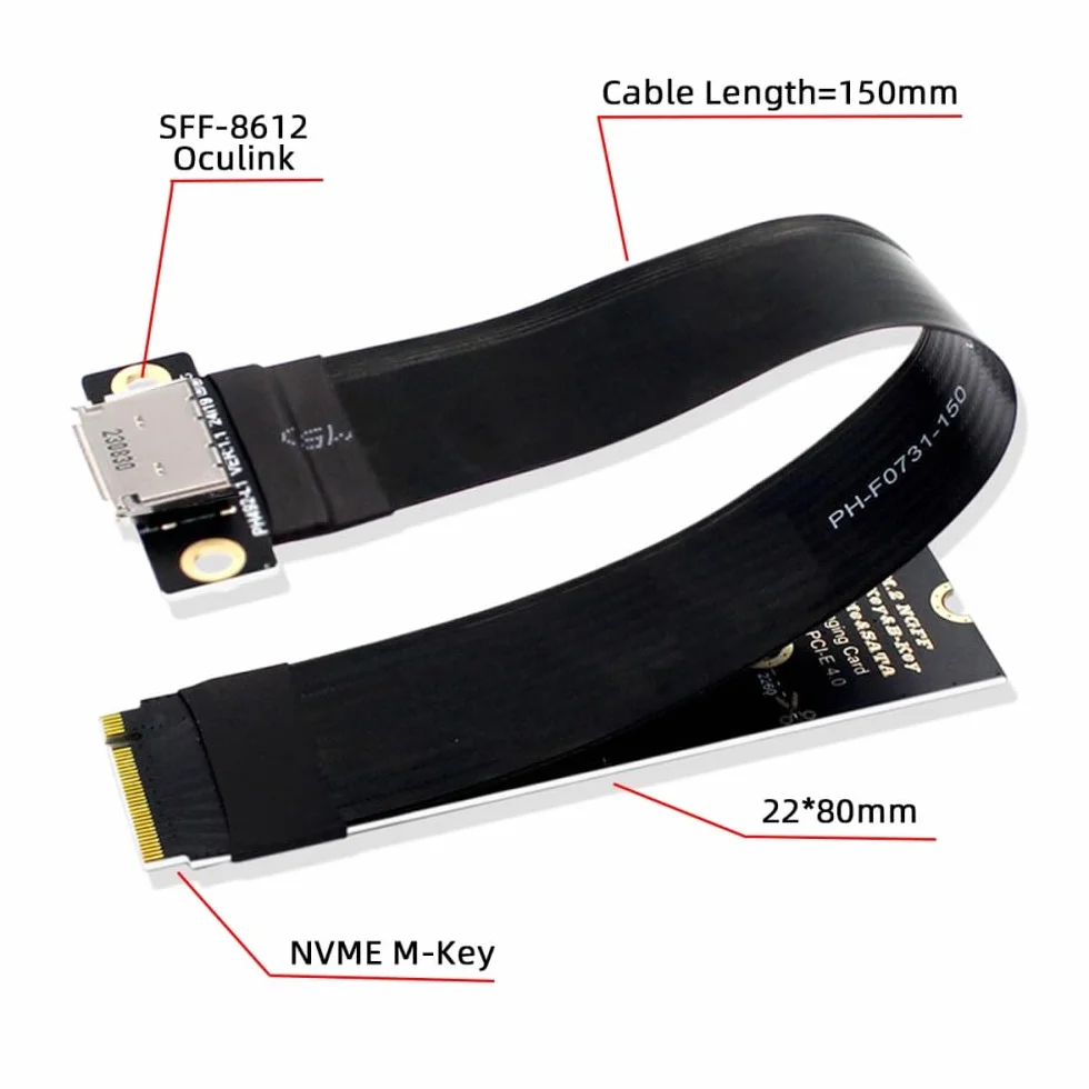 CY Câble hôte 2280 NGFF PCI-E4.0 M.2 M-key vers Oculink SFF-8612 SFF-8611 15 cm pour NVME U.2 SSD Egpu