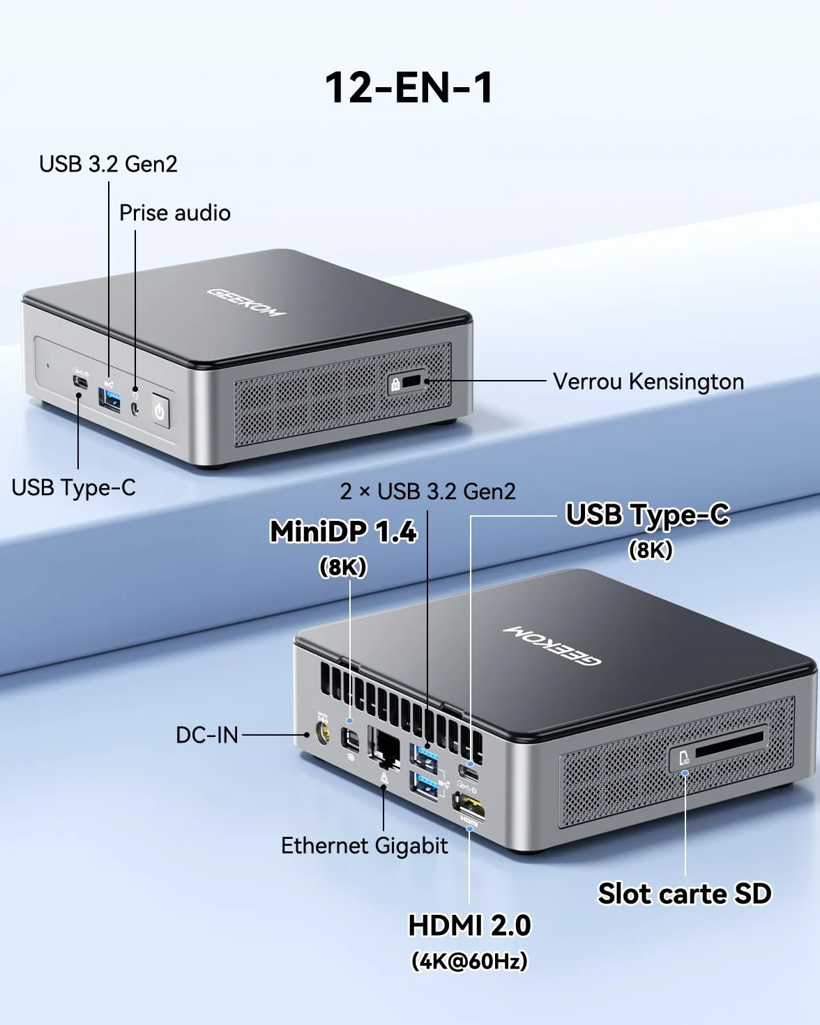 GEEKOM Air12 Business Mini PC Intel Pentium Gold 7505, 8Go RAM, SSD 256Go