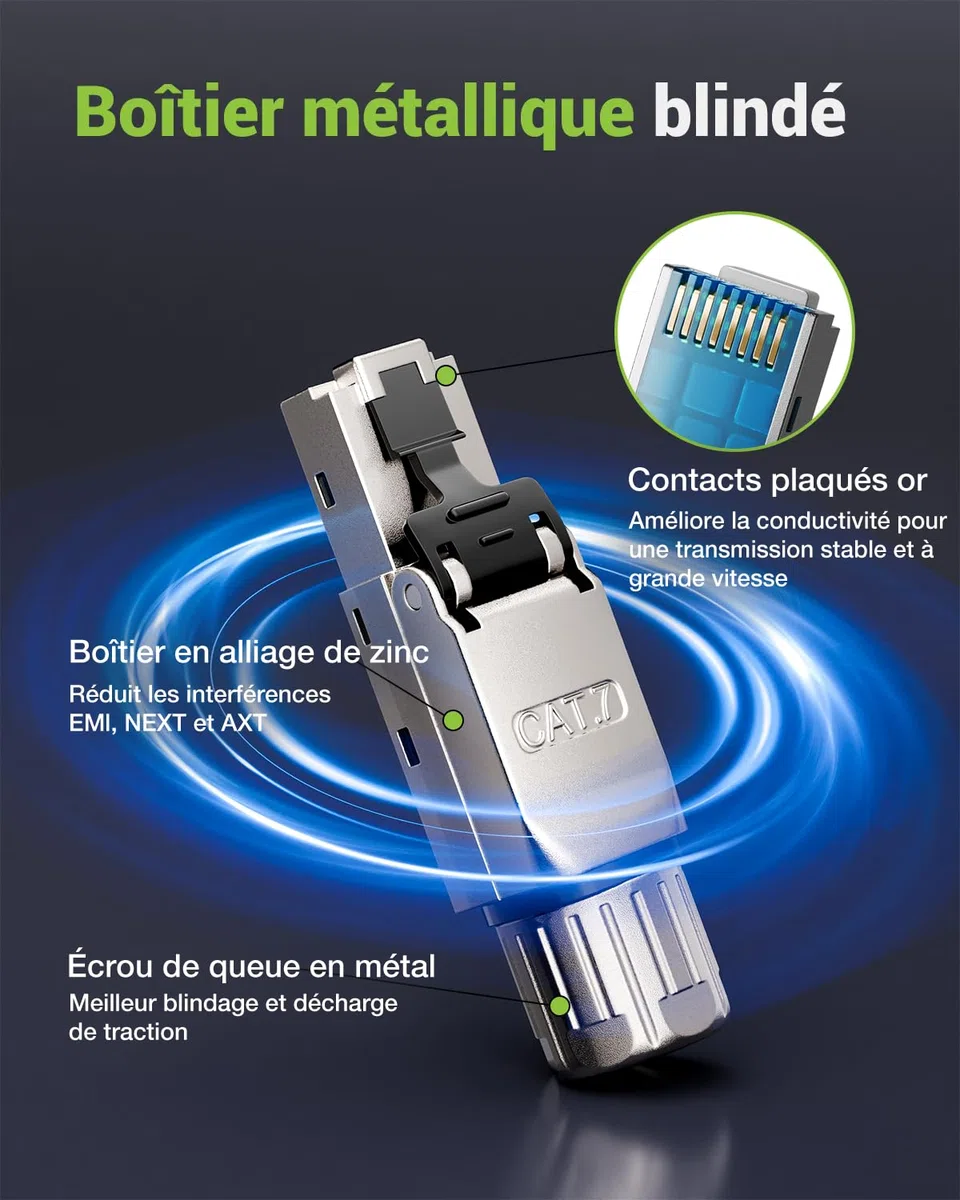 Blindé Connecteur RJ45 Sans Outil Cat7, 10 Gbit/S 600 Mhz, Enrobé D'or Fiche RJ45 Sans Outils Pour Câble de Pose Cat 7 Cat6A Cat6, STP Prise Lan, prend en charge PoE, RéUtilisable, Lot de 4