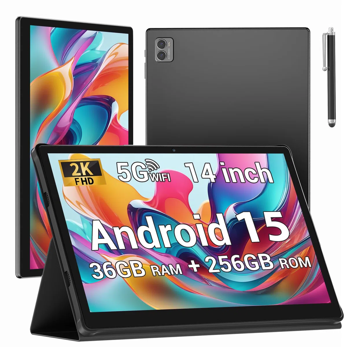 Tablette 14 Pouces Android 16 Tablette Tactile avec 5G WiFi,36Go+512Go/11580mAh/20W/13+8MP/Octa-Core/Face ID/TÜV/GMS/BT5.0/GPS/Tablette avec étui,Noir