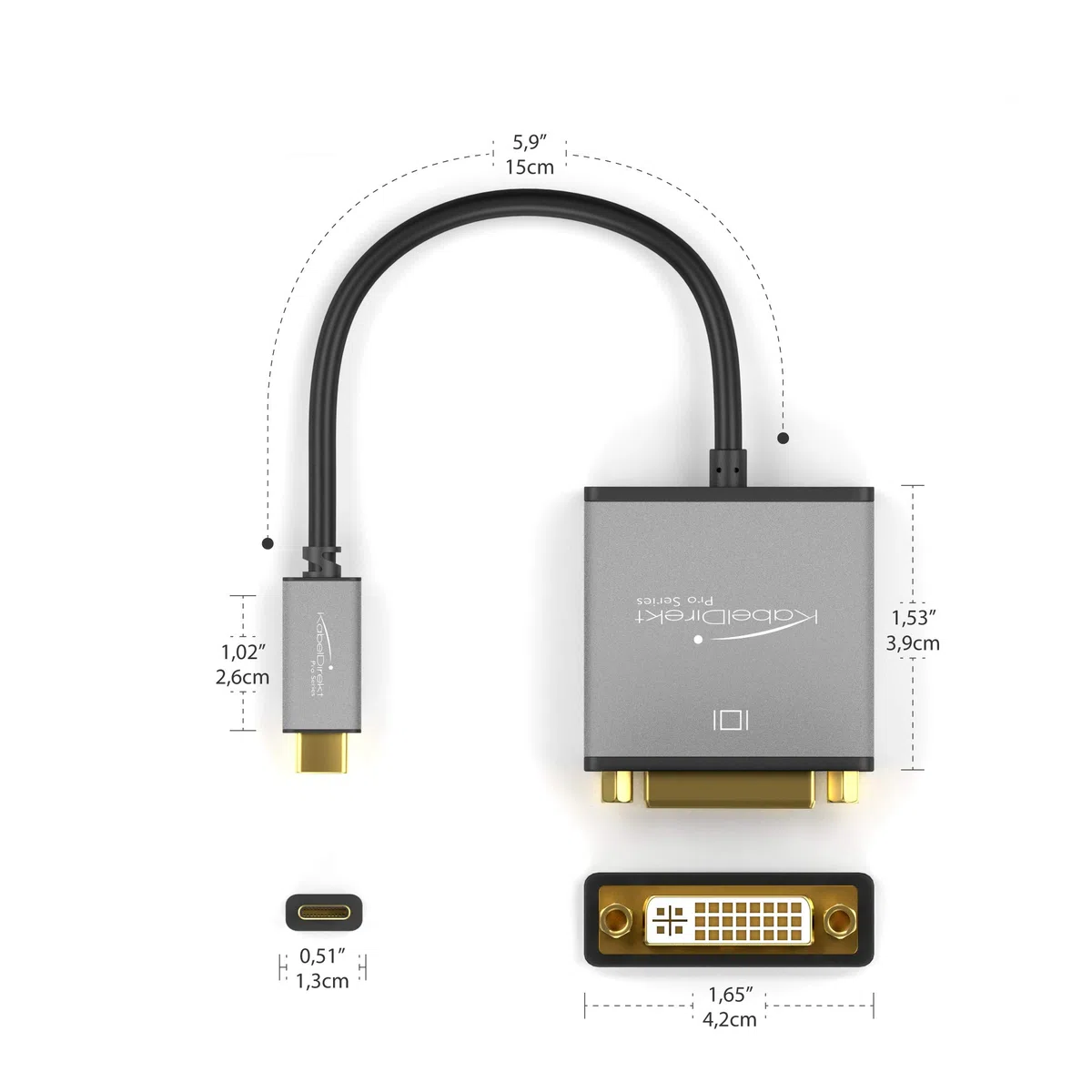 KabelDirekt – Adaptateur USB C sur DVI – 0,15m – (jusqu'à 4K/30Hz, USB C 3.1 und Thunderbolt 3, pour MacBook Pro 2016/2017, MacBook 12" et Autres appareils) –