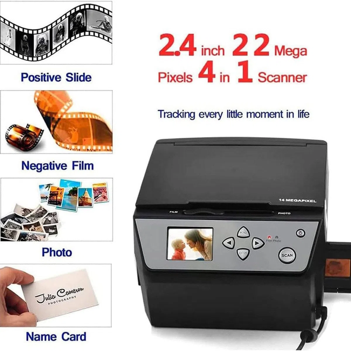 Scanner multifonction USB (film/diapositive/photo), conversion de films 135 et 110 mm/diapositives 35 mm + photo/document/carte de visite en fichiers JPG numériques HD 22 MP + écran LCD 5 pouces