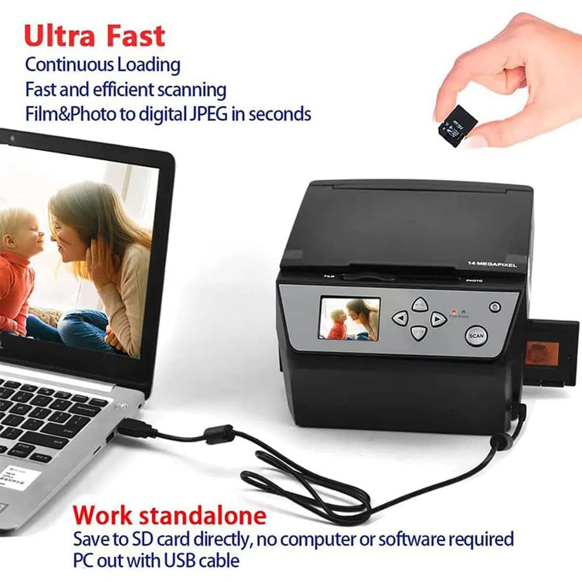 Scanner Multifonction (Film/Diapositive/Photo) Qui convertit Les Photos/Documents/Cartes de Visite de Films/Diapositives 35 mm 135 et 110 en fichiers JPG numériques HD 22 mégapixels Écran LCD 5"