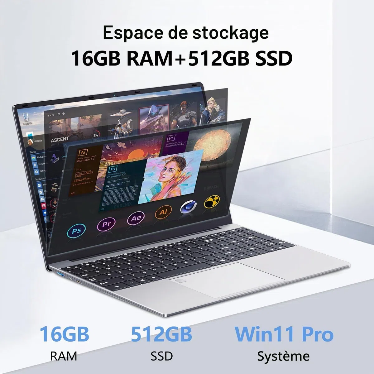 Ordinateur Portable 15,6 Pouces, Win 11 PC Portable 16Go RAM DDR4 512Go SSD, Celeron N95 CPU, Clavier Rétro-éclairé/Déverrouillage Empreinte, 1080P Écran Laptop, Mini-HDMI+USB3.0+BT4.2+Webcam