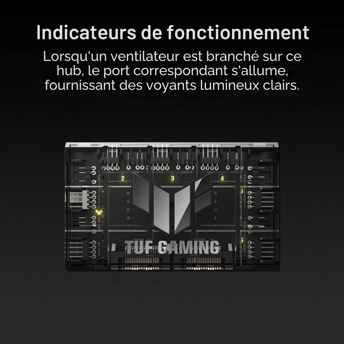 ASUS TUF Gaming ARGB PWM Hub de Ventilateur (6 Ports pour Ventilateur de boîtier PWM et contrôle ARGB, 2 Ports d'alimentation SATA, synchronise Le Refroidissement et Les Effets d'éclairage, Fixation