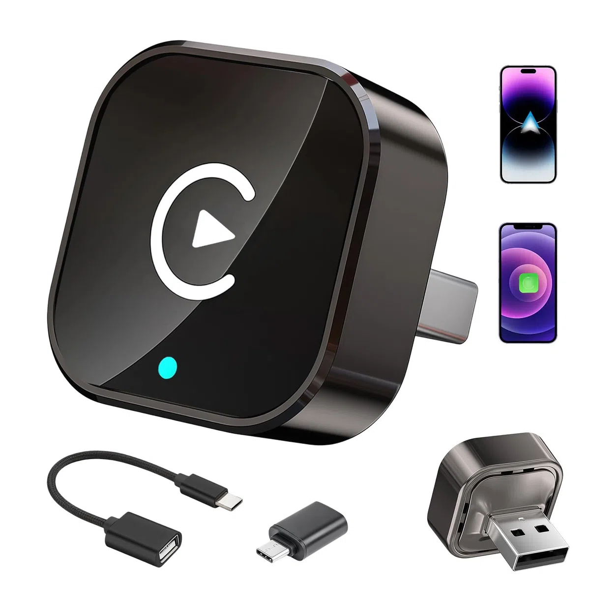 Adaptateur pour CarPlay et Android Auto sans Fil 2 en 1, Plug & Play, Reconnexion Automatique, WiFi 2,4+5,0 GHz Bluetooth 5.0, Dongle USB C/A Compatible avec Voitures (2016+) et iOS 10+/Android 11+