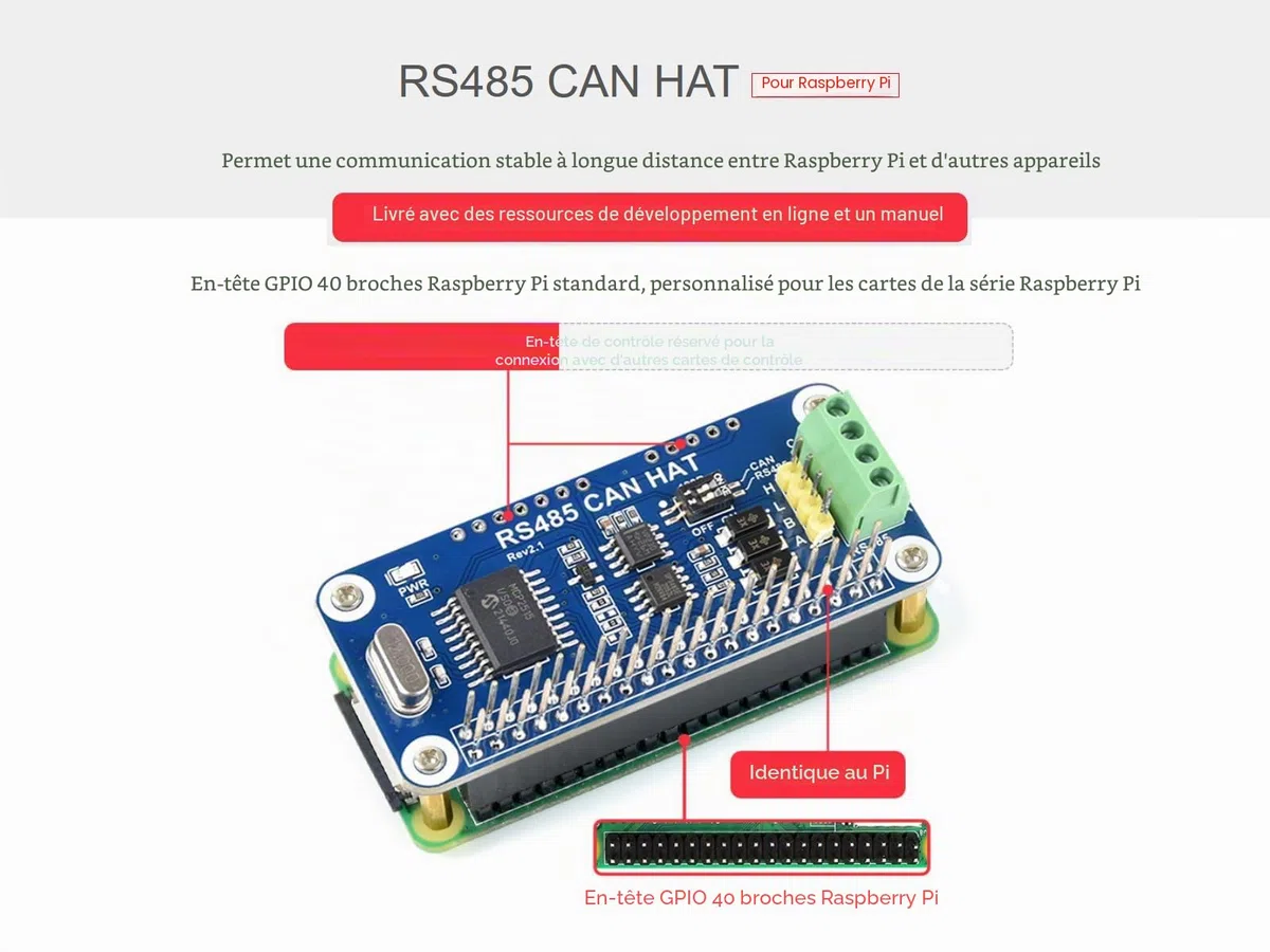 RS485 Can Hat pour Raspberry Pi 4B/3B+/3B/2B/B+/A+/Zero/Zero W/WH, Autoriser la Communication Longue Distance Via la Fonction RS485/CAN, Intégrée Contrôleur Can MCP2515 Via SPI Interface