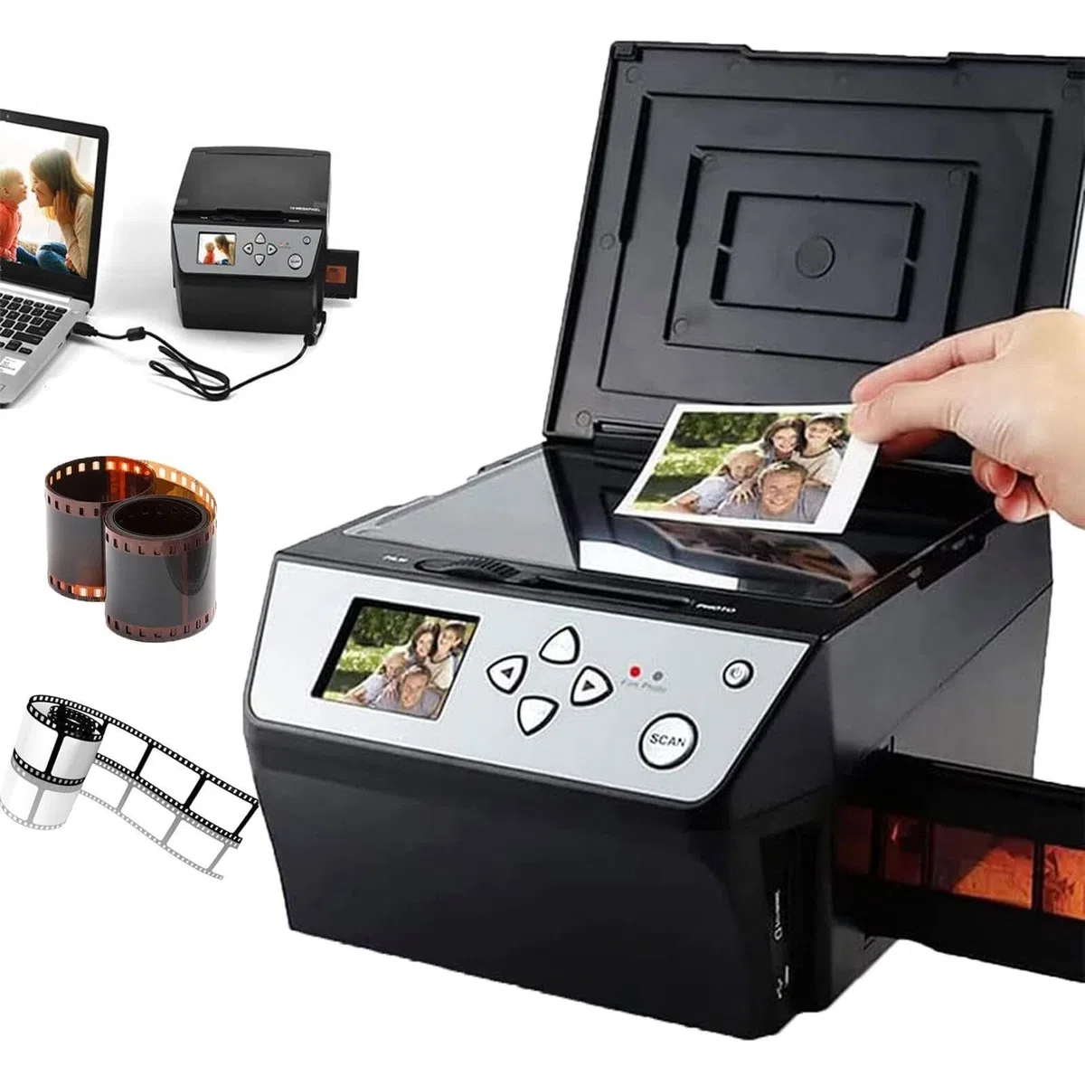 Scanner multifonction USB (film/diapositive/photo), conversion de films 135 et 110 mm/diapositives 35 mm + photo/document/carte de visite en fichiers JPG numériques HD 22 MP + écran LCD 5 pouces