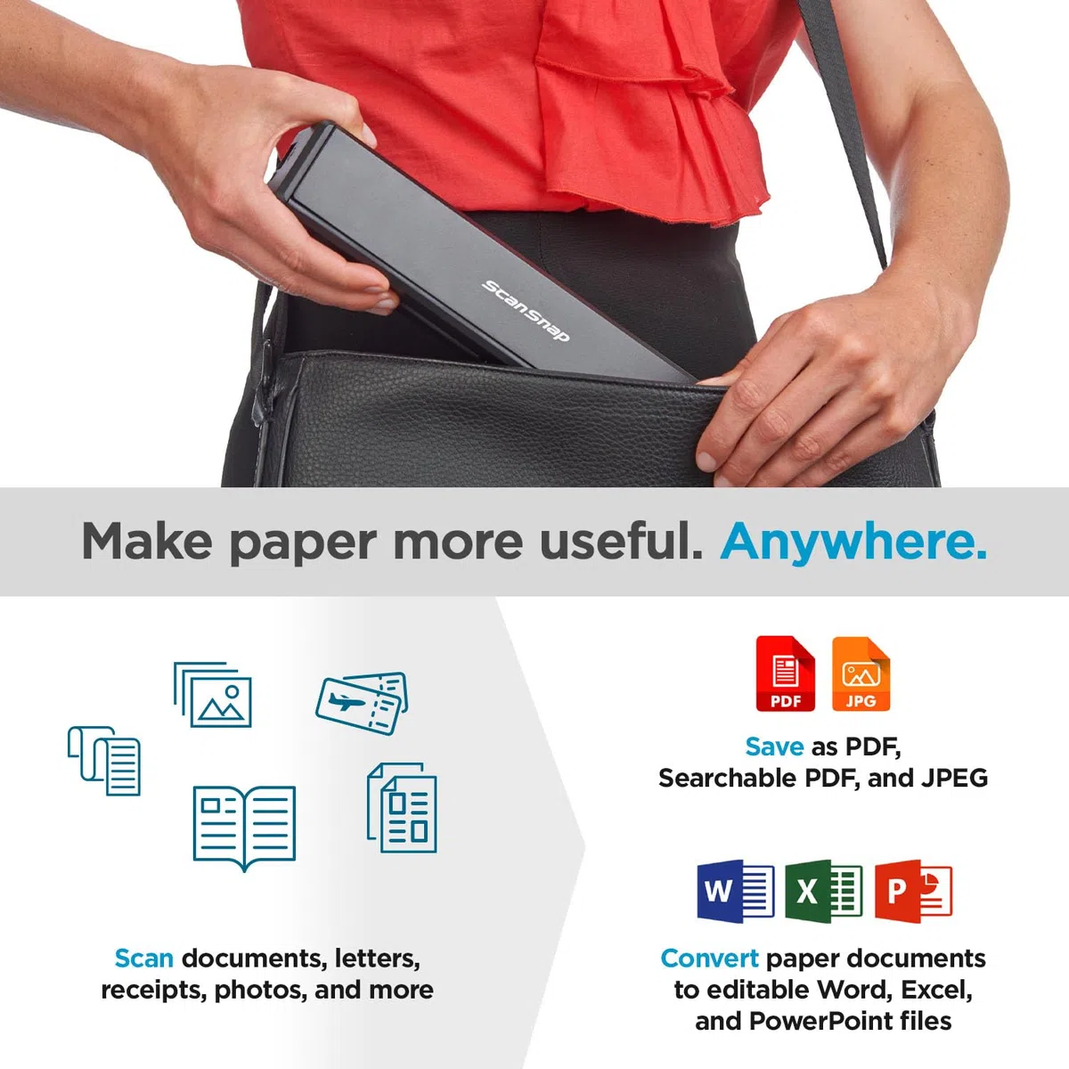 Fujitsu IX100 – Scanner Ã Plat 216 x 360 mm, CDF + Alimentation, Carte de Visite, enveloppes, Post Card (JPN), USB 2.0, Batterie, 5 – 35 °C