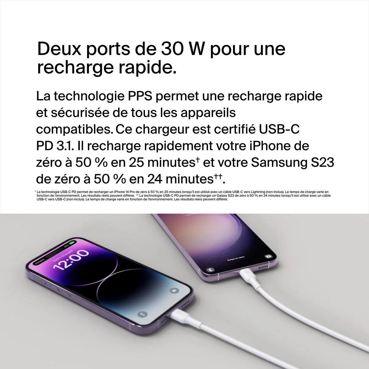 Belkin BoostCharge chargeur secteur deux ports USB-C avec PPS de 60 W, chargeur USB C pour iPhone 16, 15, iPad, Samsung Galaxy, Google Pixel, avec câble USB-C vers Lightning et USB-C vers USB-C