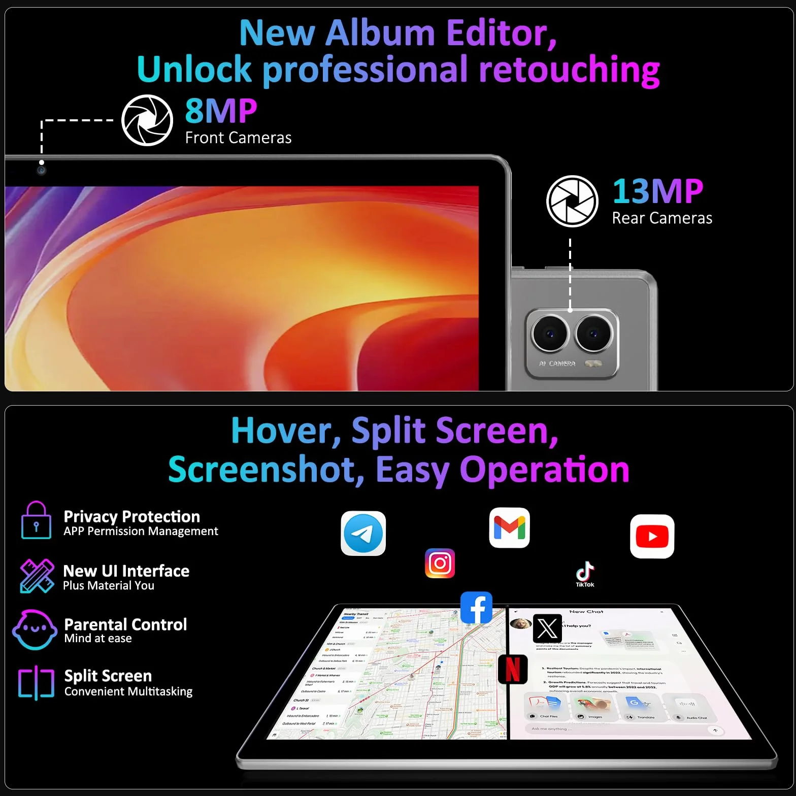 Tablette 14 Pouces Android 16 Tablette Tactile avec 5G WiFi,36Go+512Go/11580mAh/20W/13+8MP/Octa-Core/Face ID/TÜV/GMS/BT5.0/GPS/Tablette avec étui,Noir