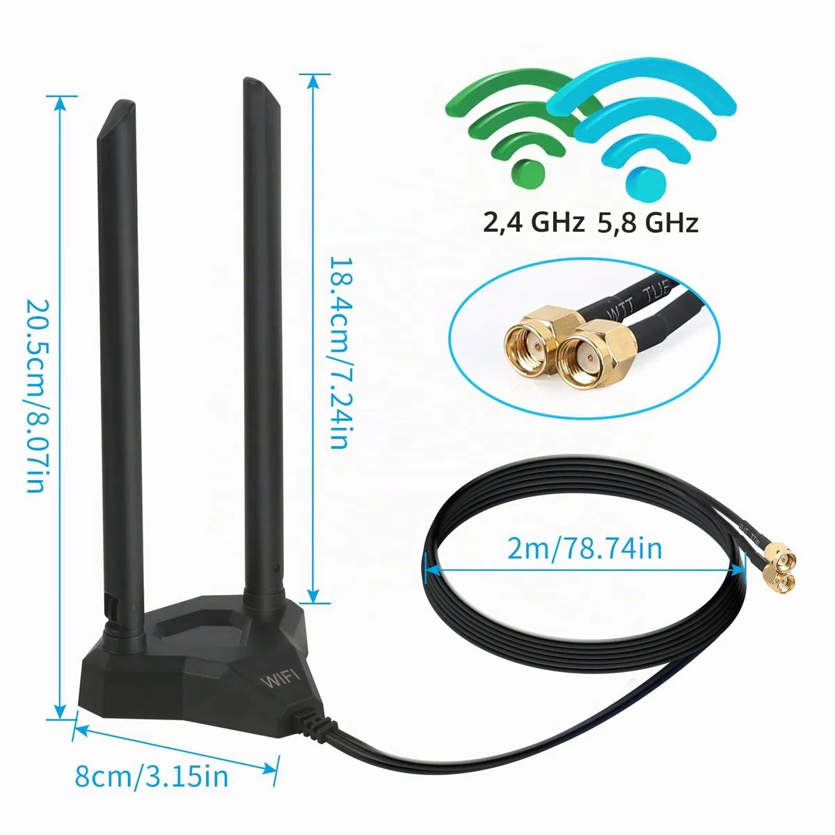 WiFi Antenne Double Bande 8 dBi 2,4 GHz 5 GHz 5,8 GHz Adaptateur RP-SMA avec Base magnétique Compatible avec Carte de caméra de Surveillance Wi-FI PCI sans Fil Routeur Bluetooth TP-Link Dlink