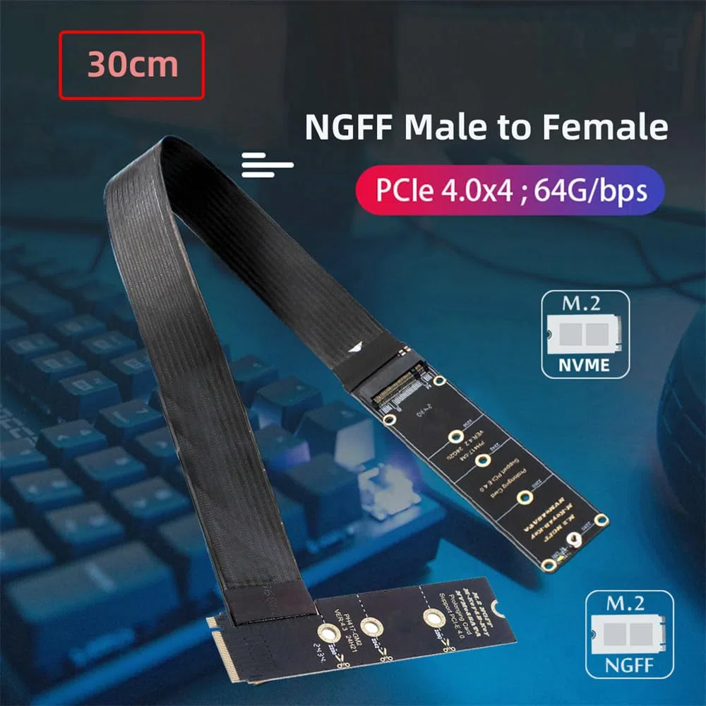 NGFF M-Key NVME Câble d'extension PCI Express mâle vers femelle 30 cm coudé à 90 degrés PCI-E 4.0 pour carte mère SSD 2230/2242/2260/2280