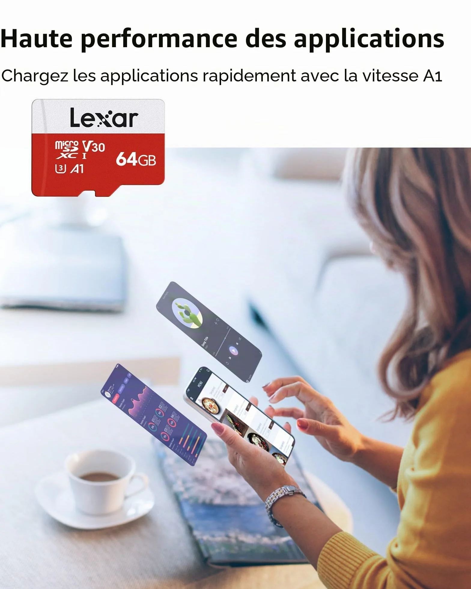 Lexar Carte Micro SD 64 Go, Microsdxc TF 100 Mo/s A1 U3 C10 V30 pour Caméra Téléphone Switch