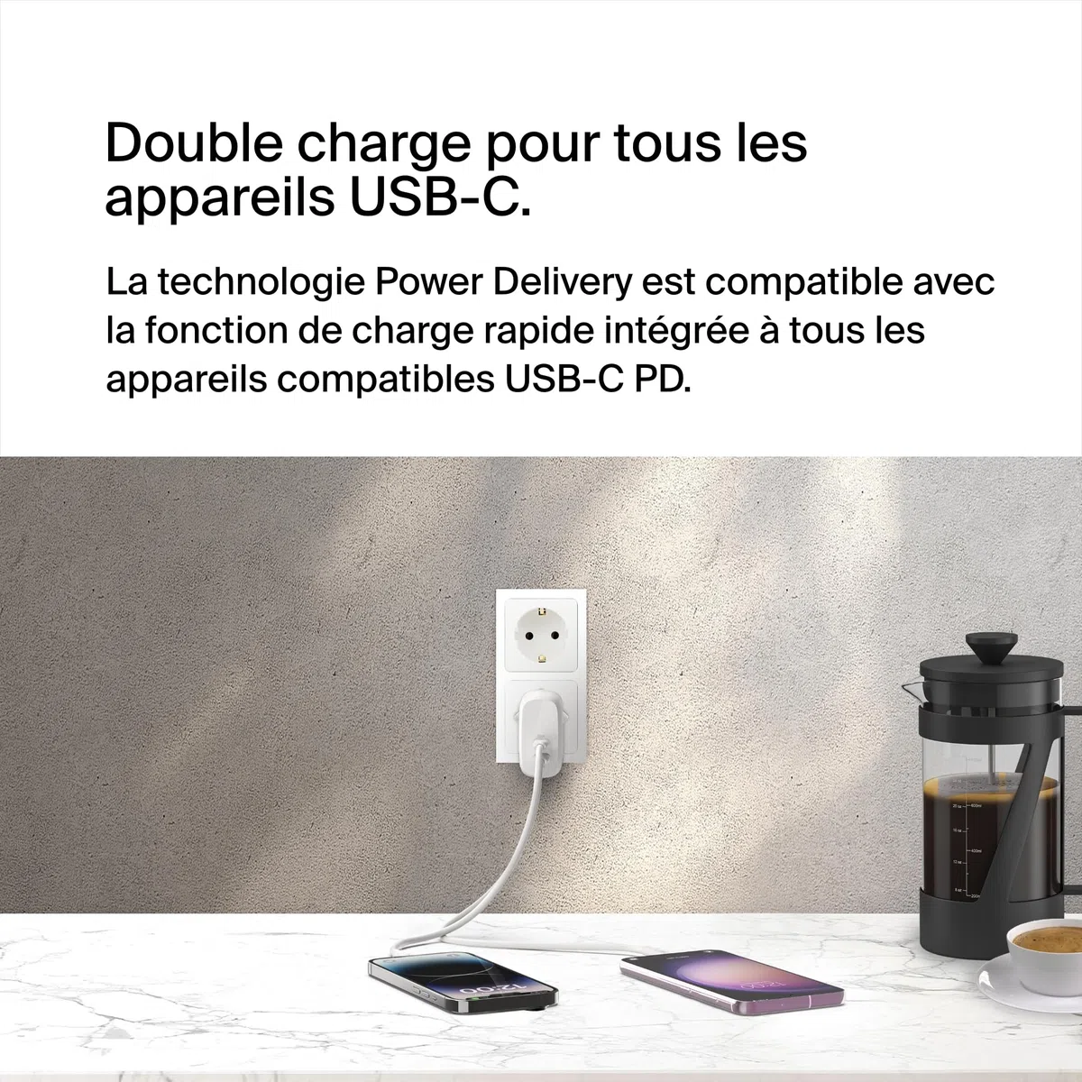 Belkin BoostCharge chargeur secteur deux ports USB-C avec PPS de 60 W, chargeur USB C pour iPhone 16, 15, iPad, Samsung Galaxy, Google Pixel, avec câble USB-C vers Lightning et USB-C vers USB-C