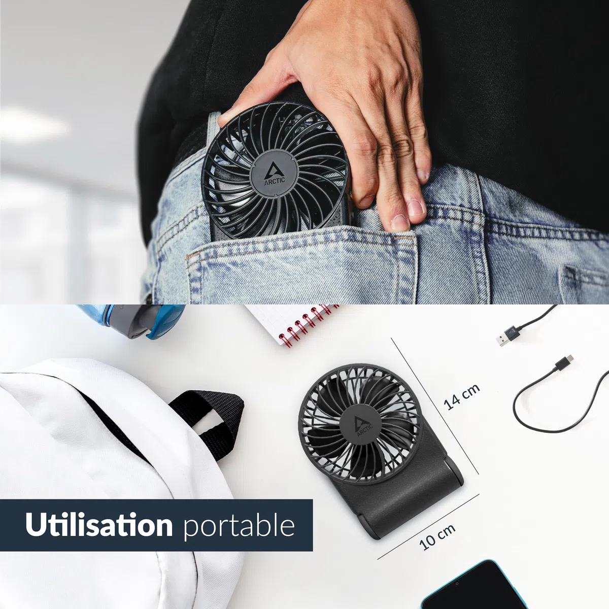 ARCTIC Summair 2Go (Black) - Ventilateur de Poche Rechargeable avec Support, Vitesse Infiniment Variable, Temps de Fonctionnement de 4 à 77 h, Connexion USB-C (incluse Câble USB-A) - Noir