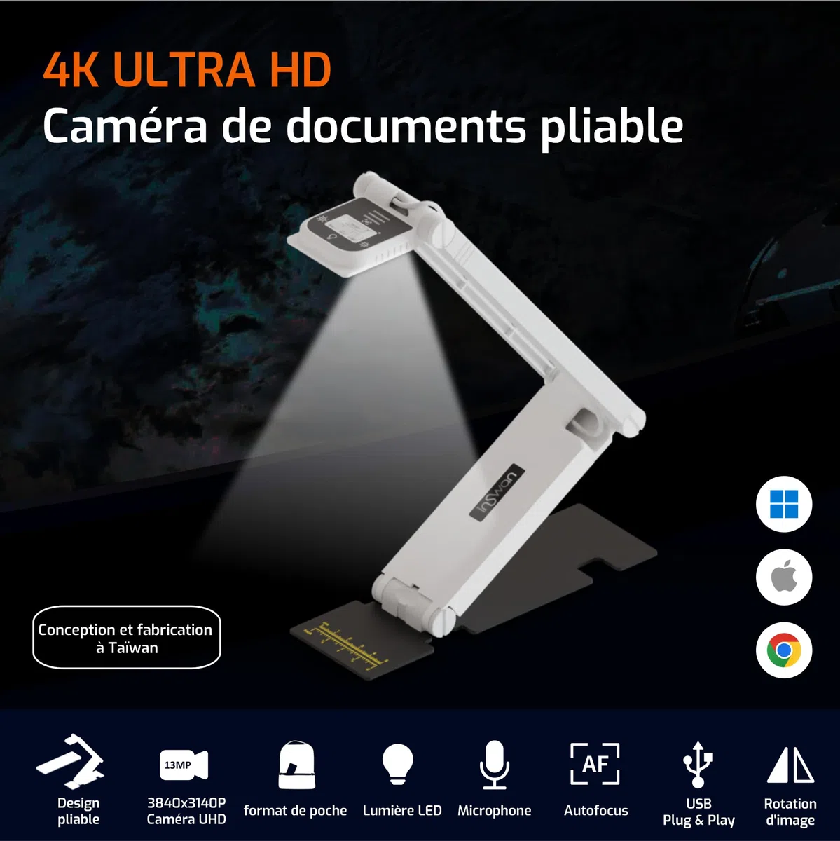 INSWAN INS-Flip 4 Caméra Documents 4K 13 MP Pliable, LED, Micro, 0,67 LB
