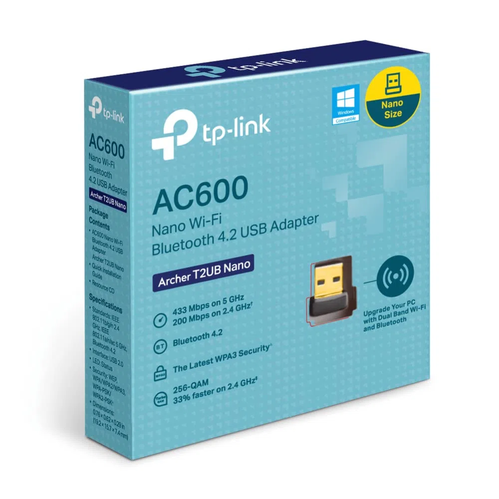 TP-Link Clé WiFi AC600 Mbps Archer T2UB Nano, Bluetooth 4.2, Adaptateur USB WiFi, dongle WiFi, 2,4 GHz 200 Mbps, 5 GHz 433 Mbps, WPA3, Windows 11/10/8.1/8/7