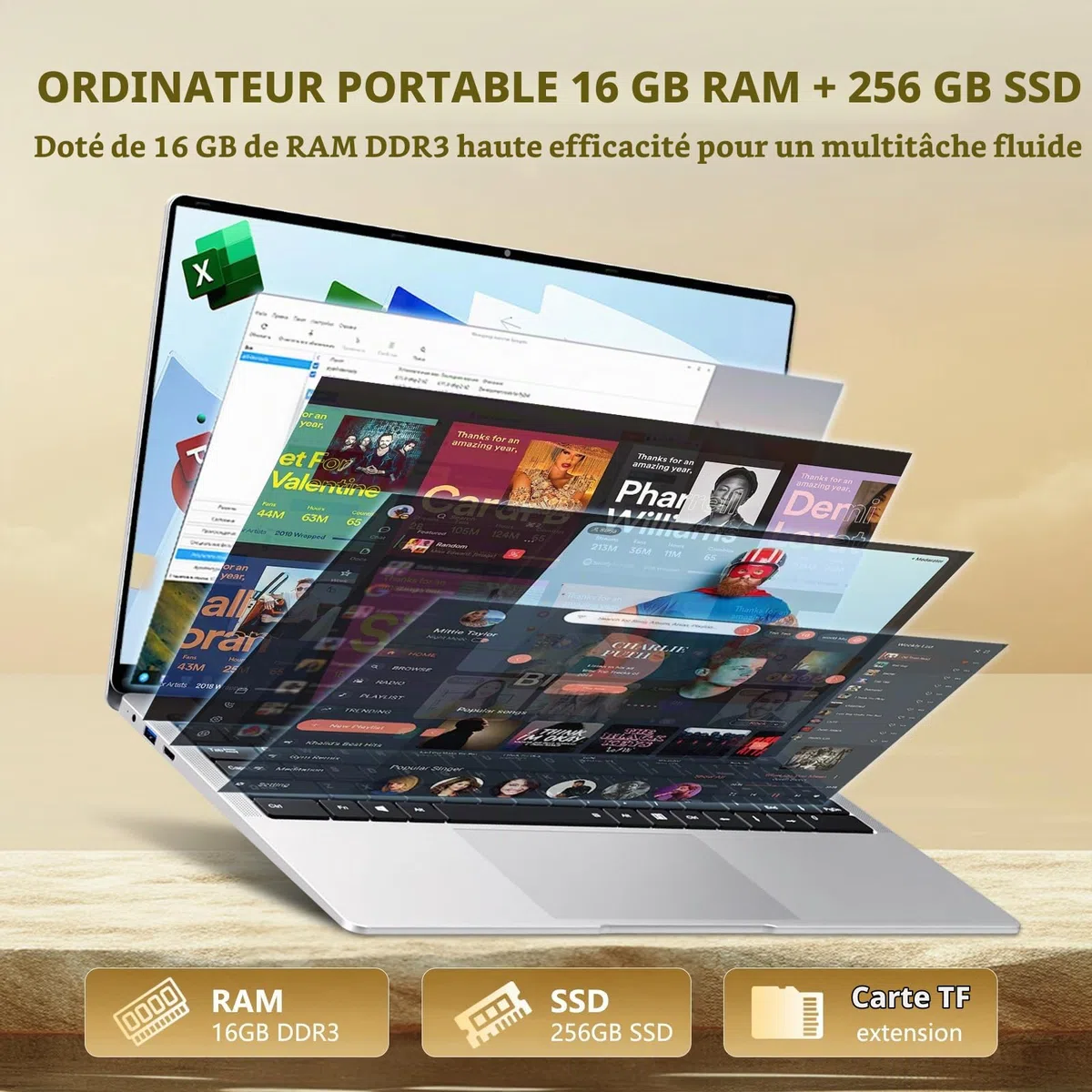 Ordinateur portable 15,6 pouces, Pentium 4425Y, 16Go RAM 256Go SSD
