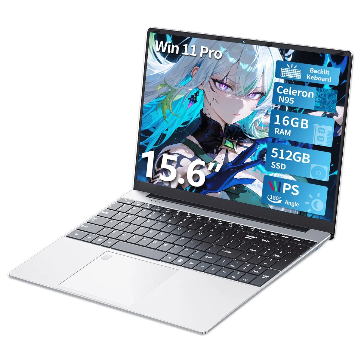 Ordinateur Portable 15,6 Pouces, Win 11 PC Portable 16Go RAM DDR4 512Go SSD, Celeron N95 CPU, Clavier Rétro-éclairé/Déverrouillage Empreinte, 1080P Écran Laptop, Mini-HDMI+USB3.0+BT4.2+Webcam