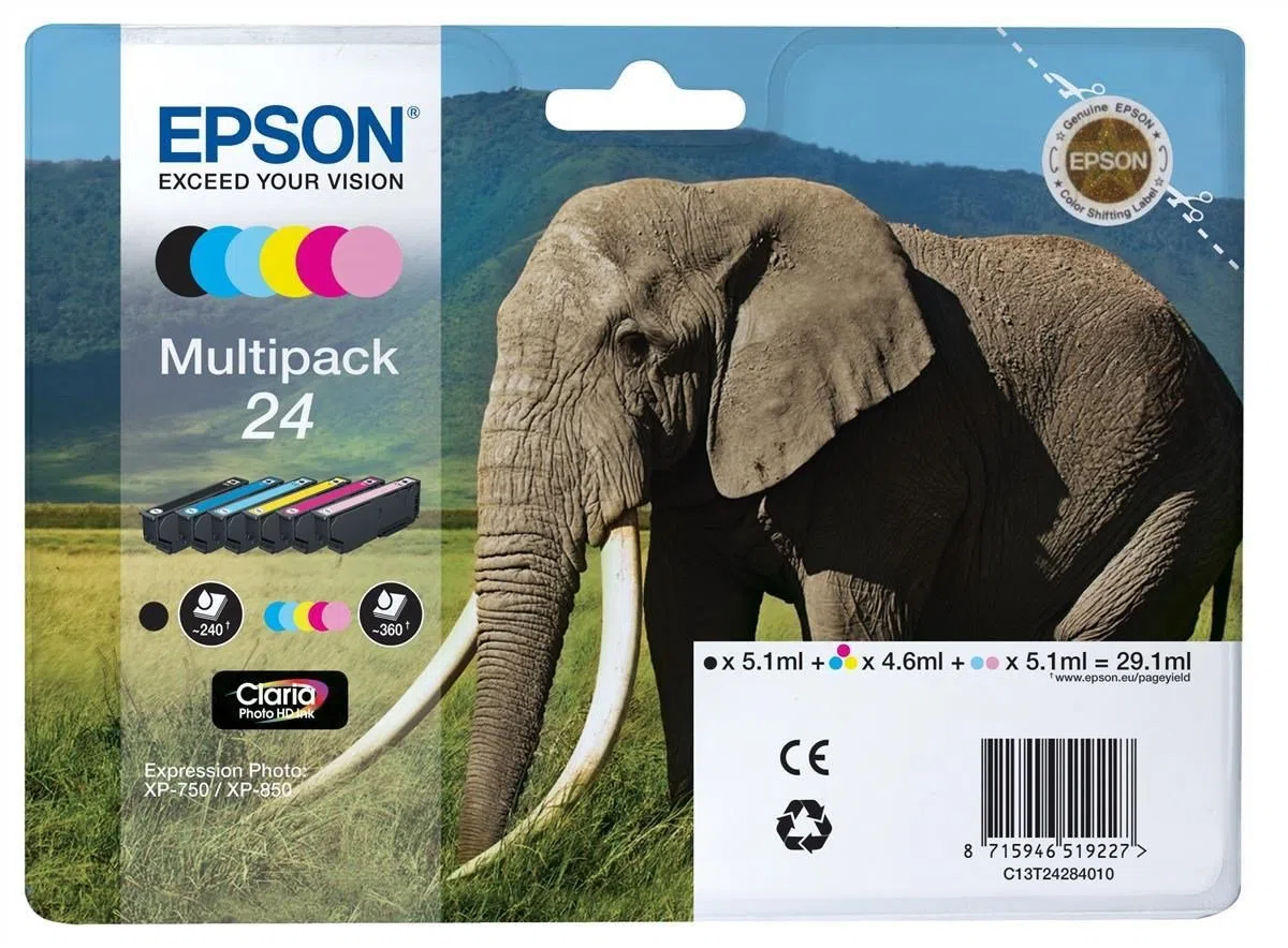 Epson Multipack Lot de 24 Cartouches d'encre 6 Couleurs pour imprimante Jet d'encre (Noir, Cyan, Magenta, Jaune, Cyan Clair, Magenta Clair, XP-750/XP-850, 141,8 mm, 45 mm, 192 mm, 165 g)