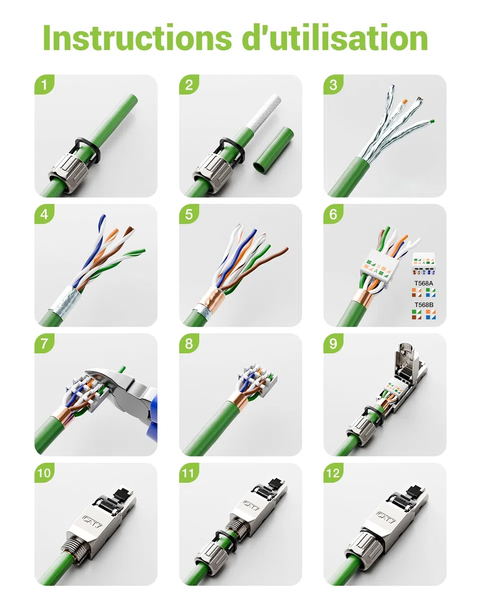 Blindé Connecteur RJ45 Sans Outil Cat7, 10 Gbit/S 600 Mhz, Enrobé D'or Fiche RJ45 Sans Outils Pour Câble de Pose Cat 7 Cat6A Cat6, STP Prise Lan, prend en charge PoE, RéUtilisable, Lot de 4