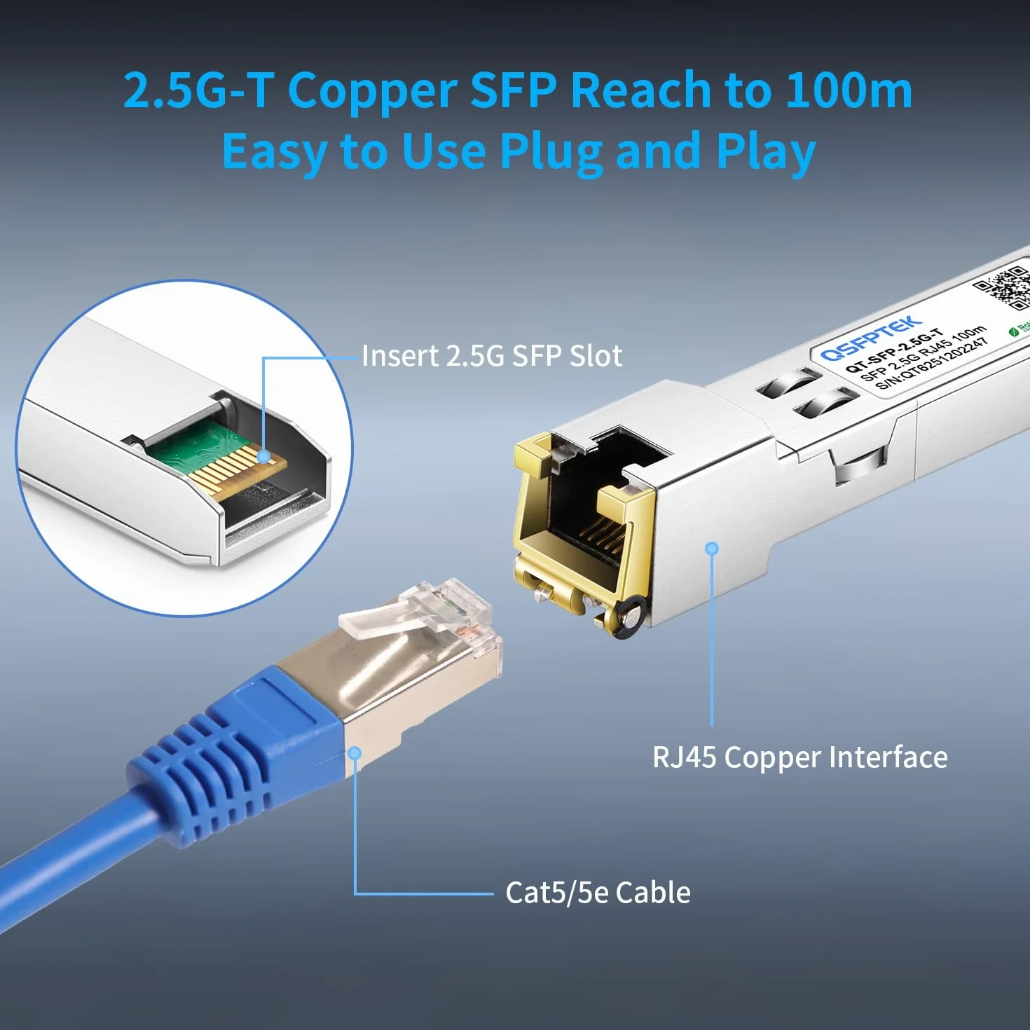 QSFPTEK 2.5GBASE-T SFP vers RJ45 Transceiver Compatible avec Cisco SFP-2.5G-T, Ubiquiti, MikroTik, TP-Link Switch/Routers, jusqu'à 100m (Doit être Connecté au Port 2.5G)