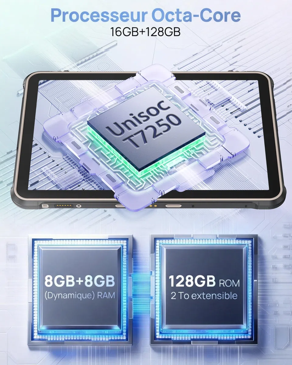 Ulefone Rugking Pad 2 Pro Tablette Incassable Android16, 16Go+128Go/TF 2TB eSIM 10200mAh Tablette,10.1pouces 8+48MP IP68K/IP69K, 90Hz Dual SIM 4G/GPS/NFC/OTG, Sangle avec Boucle Offerte Noir