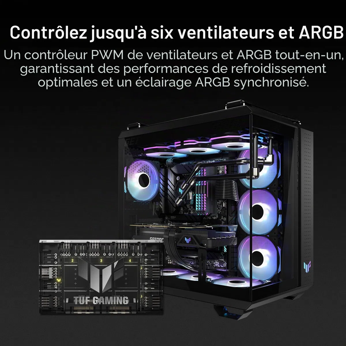 ASUS TUF Gaming ARGB PWM Hub de Ventilateur (6 Ports pour Ventilateur de boîtier PWM et contrôle ARGB, 2 Ports d'alimentation SATA, synchronise Le Refroidissement et Les Effets d'éclairage, Fixation