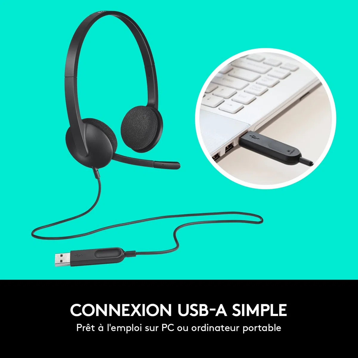 Logitech H340 Casque Micro Filaire, Ecouteurs Stéréo avec Micro Rotatif Anti-Parasites, USB, PC/Mac/Portable/Chromebook - Noir