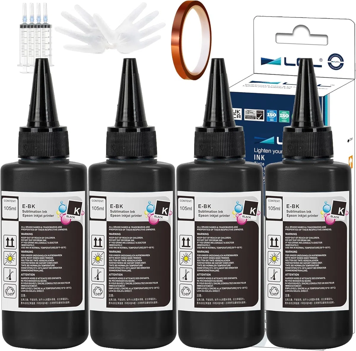 LCL 420ML Recharge d'encre à Sublimation Remplacement pour Epson EcoTank ET2720 ET2760 ET2800 ET2803 ET2850 ET4800 ET15000 ET3760 ET4700 Transfert à Chaud sur Tasses, Tshirts, oreillers（4pack Noir）